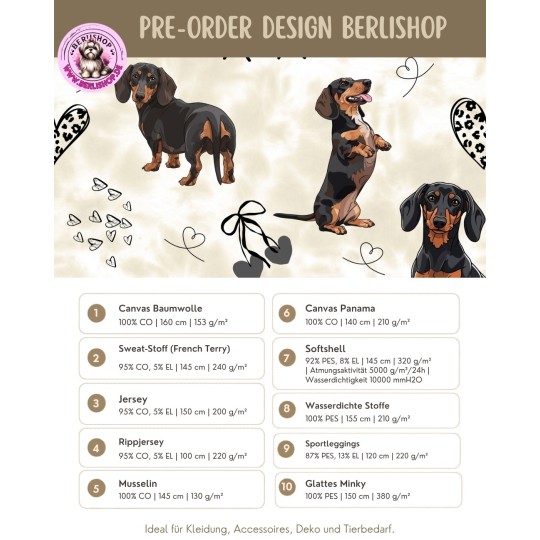 Pre- Order Brauner Dackel Hunde XOXO mit Herzen Beige/Braun - Stoffdesign von Berlishop - 10 Stoffe zu Auswahl – Kinderstoff Met
