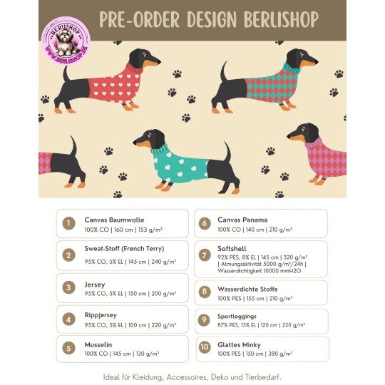 Pre - Order Dackel süße Hunde im Pulli – Beige Creme  - Stoffdesign von Berlishop - 10 Stoffe zu Auswahl – Meterware