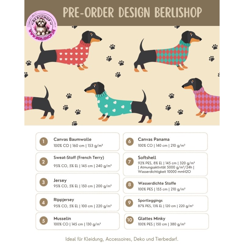 Pre - Order Dackel süße Hunde im Pulli – Beige Creme  - Stoffdesign von Berlishop - 10 Stoffe zu Auswahl – Meterware