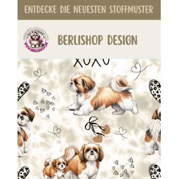 Baumwolle Canvas Hunde Stoff – XOXO Shih Tzu Muster Beige Braun – 153 g/m2– 160 cm Meterware / B Ware mit Fehler