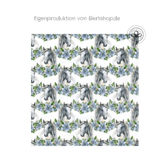 Baumwolle Canvas Stoff – Pferde mit Blumenkranz – edler Pferdestoff - – hochwertige Eigenproduktion