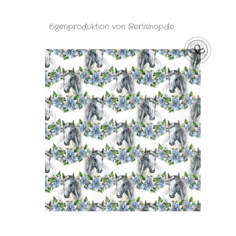 Baumwolle Canvas Stoff – Pferde mit Blumenkranz – edler Pferdestoff - – hochwertige Eigenproduktion