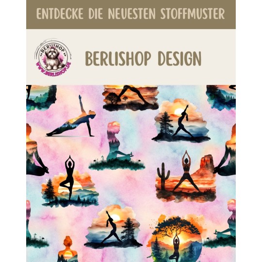 Baumwolle Canvas Yoga Stoff Aquarell Rosa Türkis Meditationsstoff mit Yoga - Silhouetten Eigenproduktion 153 g/m2– 160 cm