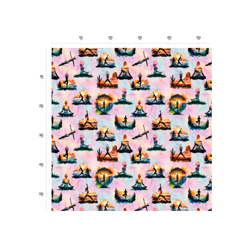 Baumwolle Canvas Yoga Stoff Aquarell Rosa Türkis Meditationsstoff mit Yoga - Silhouetten Eigenproduktion 153 g/m2– 160 cm
