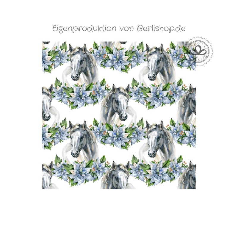 Baumwolle Canvas Stoff – Pferde mit Blumenkranz – edler Pferdestoff - – hochwertige Eigenproduktion