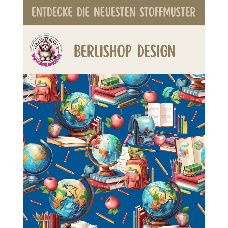 Baumwolle Canvas Schule Bücher Globus Einschulung Blau Rot   153 g/m² Meterware 160 cm Eigenproduktion