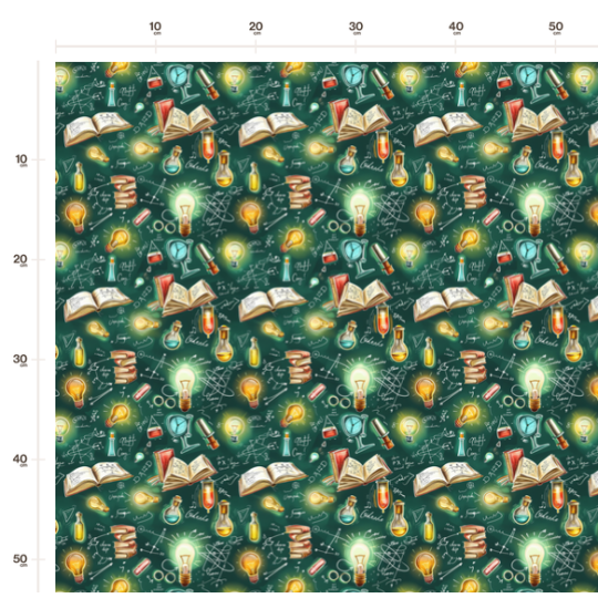 Baumwolle Canvas Stoff Chemie, Physik Bücher Glühbirnen, Formeln und Laborzubehör Grün 153 g/m Meterware 160 cm Eigenproduktion