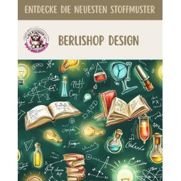 Baumwolle Canvas Stoff Chemie, Physik Bücher Glühbirnen, Formeln und Laborzubehör Grün 153 g/m Meterware 160 cm Eigenproduktion