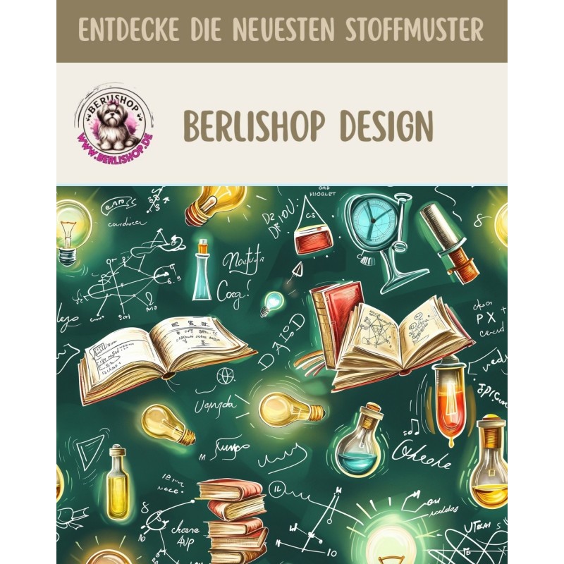 Baumwolle Canvas Stoff Chemie, Physik Bücher Glühbirnen, Formeln und Laborzubehör Grün 153 g/m Meterware 160 cm Eigenproduktion