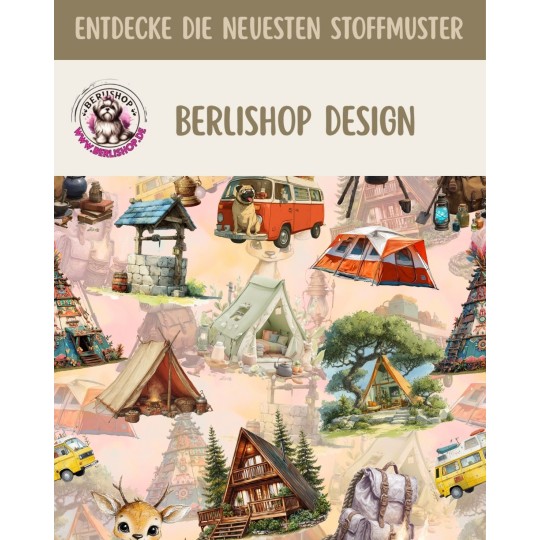 Baumwolle Canvas  Stoff Wohnmobil, Zelten und Waldhütten – Abenteuer, Reh, Beige 153 g/m² – Eigenproduktion