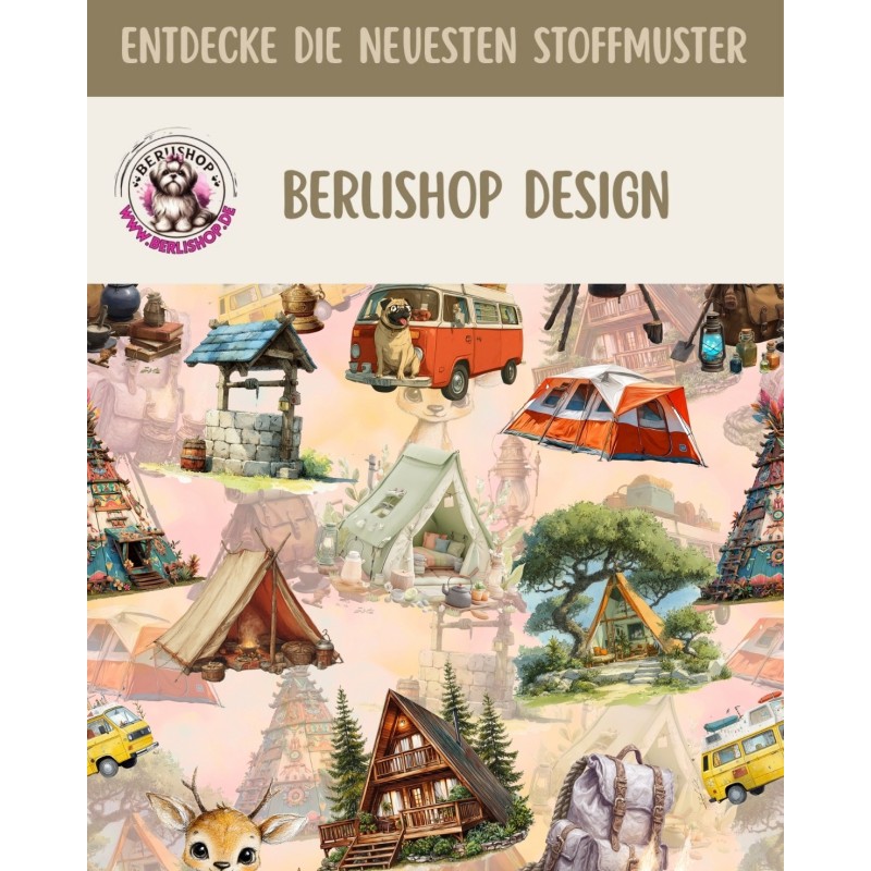 Baumwolle Canvas  Stoff Wohnmobil, Zelten und Waldhütten – Abenteuer, Reh, Beige 153 g/m² – Eigenproduktion