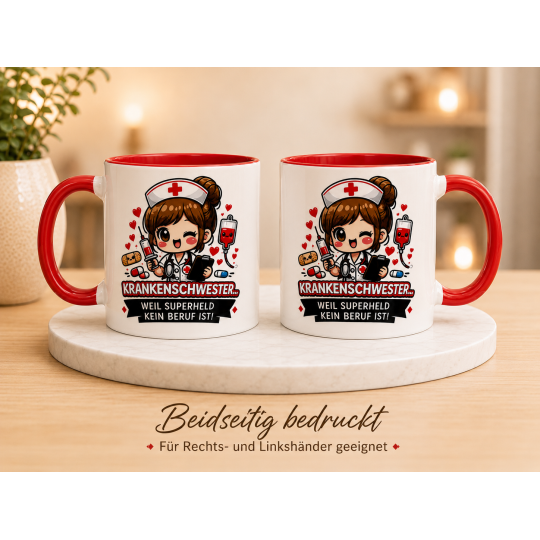 Krankenschwester Tasse Rot – Weil Superheld kein Beruf ist | Geschenk für Pflegekräfte | DE-PL-EN