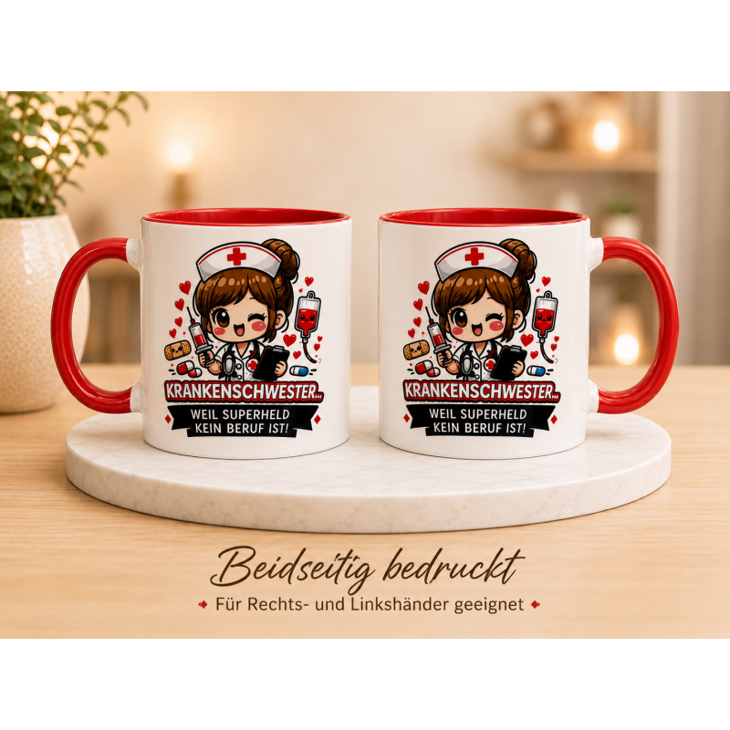 Krankenschwester Tasse Rot – Weil Superheld kein Beruf ist | Geschenk für Pflegekräfte | DE-PL-EN