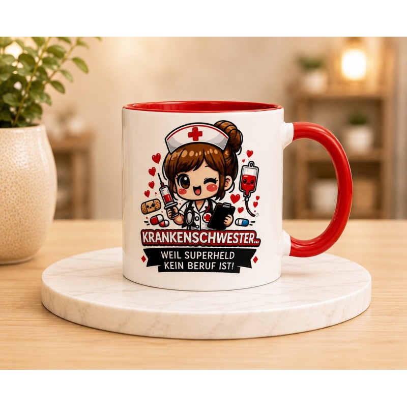 Krankenschwester Tasse Rot – Weil Superheld kein Beruf ist | Geschenk für Pflegekräfte | DE-PL-EN