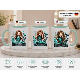 Liebevoll gestaltete Friseurin-Tasse mit Kawaii-Motiv und dem Spruch „Weil Superheld kein Beruf ist“. Erhältlich auf Deutsch, Po
