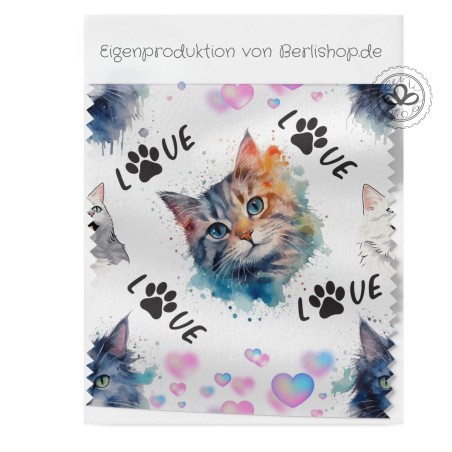 Baumwolle Canvas Katzen Love Stoff 160 cm – Herzen, Splash, Regenbogen, Aquarell – 153 g/m² – Eigenproduktion