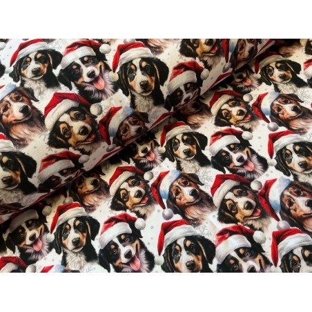 French Terry Sommersweat Weihnachtsstoff Hunde mit Nikolausmützen Weiß Rot - 180 cm Überbreite – 240 g/m²