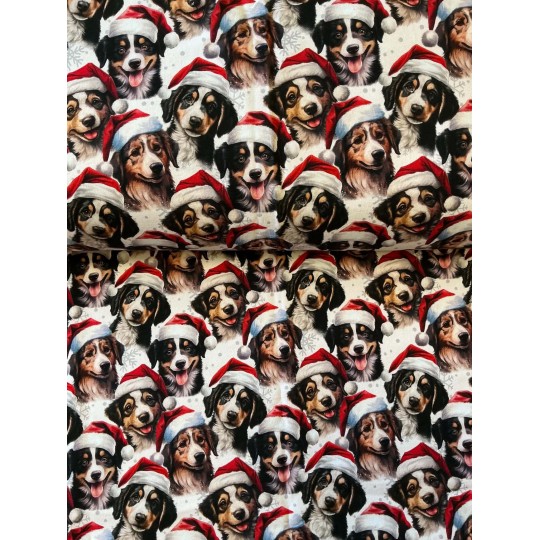 French Terry Sommersweat Weihnachtsstoff Hunde mit Nikolausmützen Weiß Rot - 180 cm Überbreite – 240 g/m²