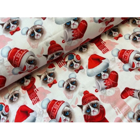 French Terry Sommersweat Weihnachtsstoff Grumpy Katze Winteraccessoires Creme Rot - 180 cm Überbreite – 240 g/m²