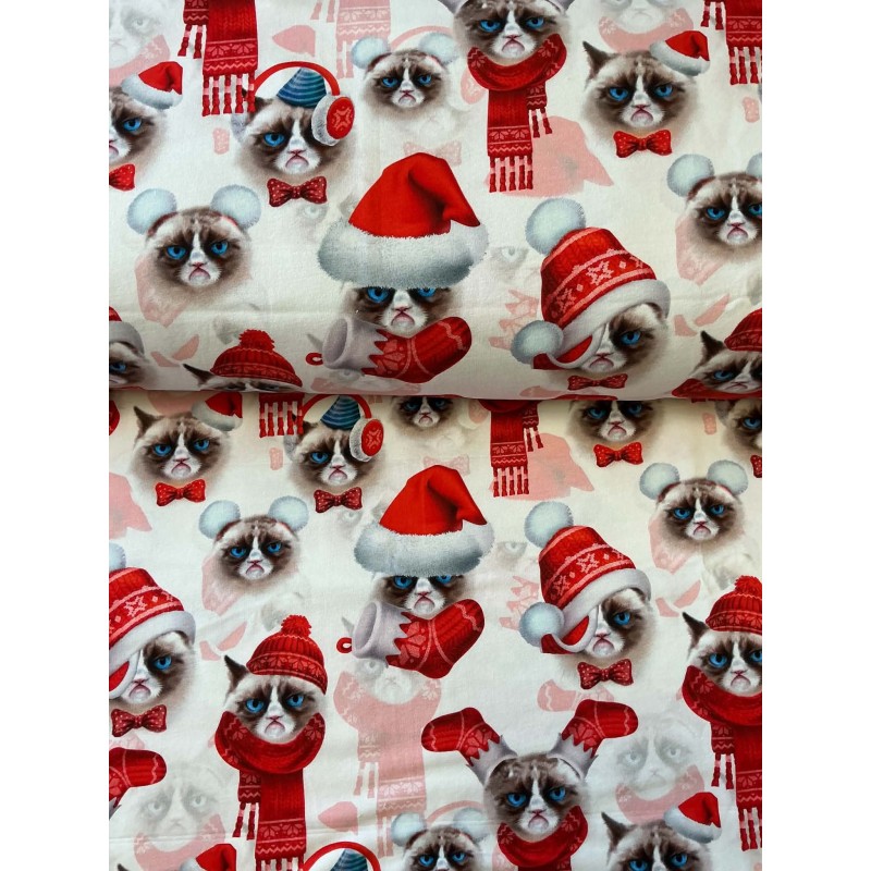 French Terry Sommersweat Weihnachtsstoff Grumpy Katze Winteraccessoires Creme Rot - 180 cm Überbreite – 240 g/m²