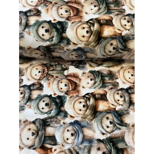 French Terry Sommersweat Weihnachtsstoff Bären mit Mützen und Schals Beige Grün Blau - 180 cm Überbreite – 240 g/m²