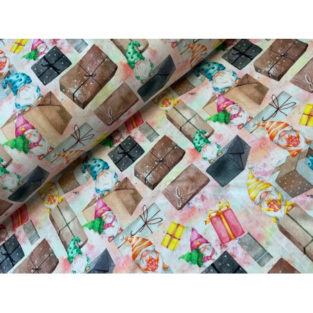 French Terry Sommersweat Weihnachtsstoff Wichtel Geschenke Aquarell Bunt - 180 cm Überbreite –240 g/m²