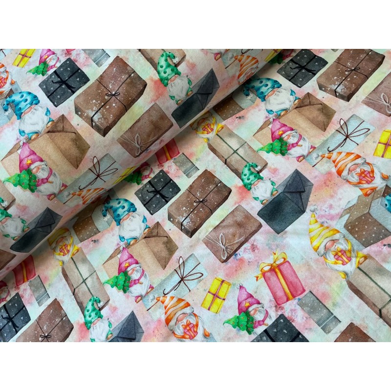 French Terry Sommersweat Weihnachtsstoff Wichtel Geschenke Aquarell Bunt - 180 cm Überbreite –240 g/m²
