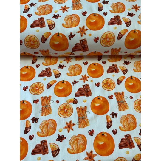 French Terry Sommersweat Weihnachtsstoff Orangen Schokolade Zimt Aquarell Creme Orange - 180 cm Überbreite – 240 g