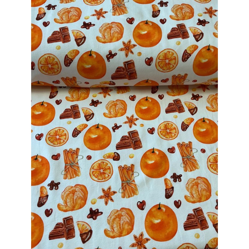 French Terry Sommersweat Weihnachtsstoff Orangen Schokolade Zimt Aquarell Creme Orange - 180 cm Überbreite – 240 g
