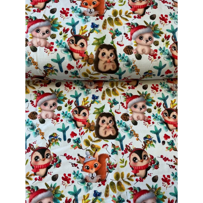 French Terry Sommersweat Weihnachtsstoff Waldtiere Eule Igel Eichhörnchen Bunt - 180 cm Überbreite – 240 g