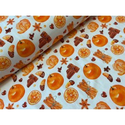 French Terry Sommersweat Weihnachtsstoff Orangen Schokolade Zimt Aquarell Creme Orange - 180 cm Überbreite – 240 g