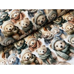 French Terry Sommersweat Weihnachtsstoff Bären mit Mützen und Schals Beige Grün Blau - 180 cm Überbreite – 240 g/m²
