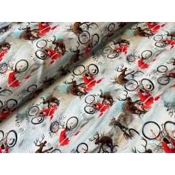 French Terry Sommersweat Weihnachtsstoff Rentier Fahrrad Nikolaus Winter Grau Rot - 180 cm Überbreite – 240 g