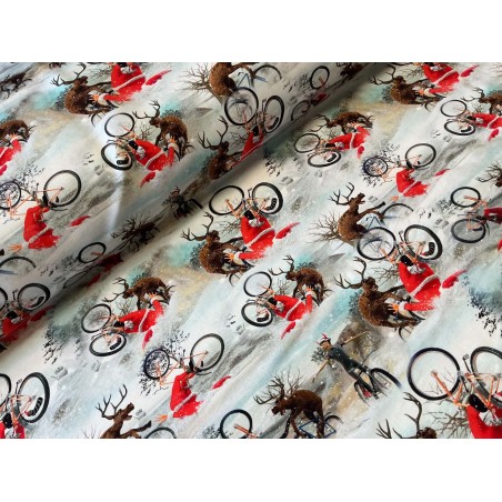 French Terry Sommersweat Weihnachtsstoff Rentier Fahrrad Nikolaus Winter Grau Rot - 180 cm Überbreite – 240 g