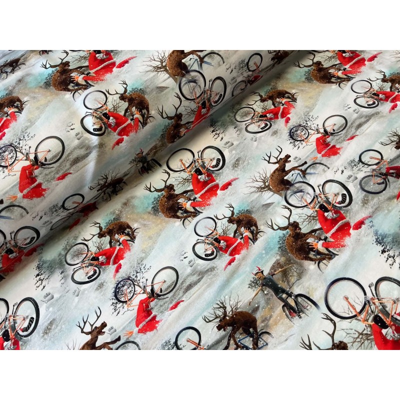 French Terry Sommersweat Weihnachtsstoff Rentier Fahrrad Nikolaus Winter Grau Rot - 180 cm Überbreite – 240 g