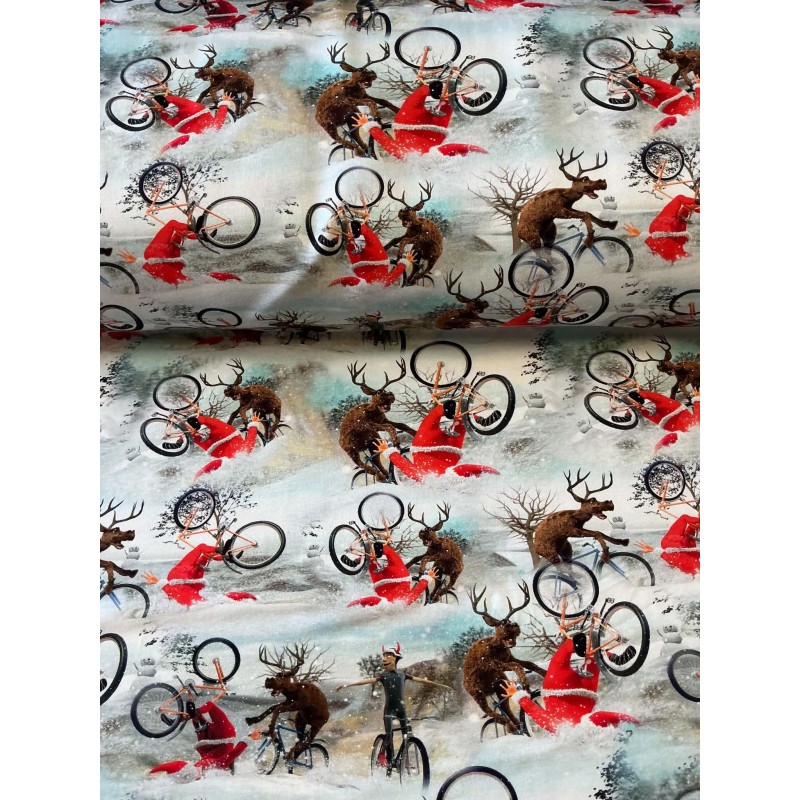 French Terry Sommersweat Weihnachtsstoff Rentier Fahrrad Nikolaus Winter Grau Rot - 180 cm Überbreite – 240 g