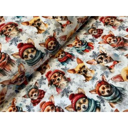 French Terry Sommersweat Weihnachtsstoff Chihuahua mit Mützen Schals Schneeflocken Bunt - 180 cm Überbreite – 240 g/m²