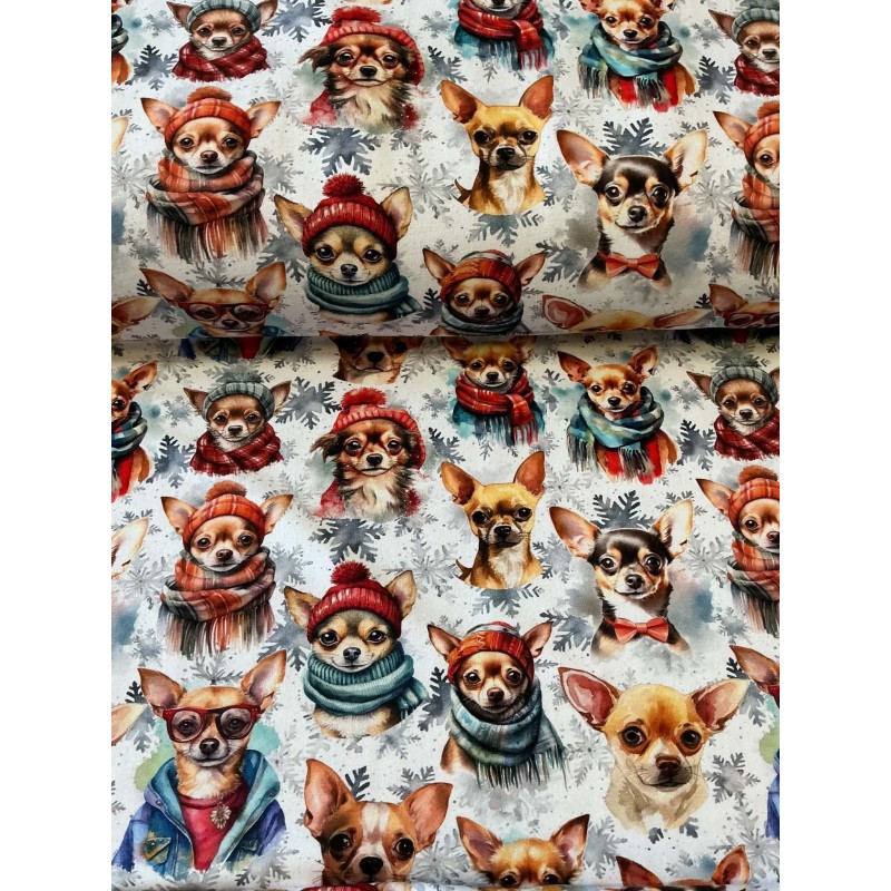French Terry Sommersweat Weihnachtsstoff Chihuahua mit Mützen Schals Schneeflocken Bunt - 180 cm Überbreite – 240 g/m²