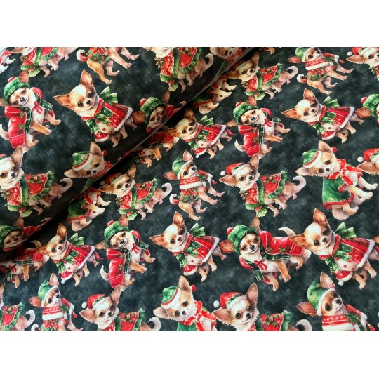 French Terry Sommersweat Weihnachtsstoff Chihuahua Weihnachtskleidung Schwarz Rot Grün - 180 cm Überbreite – 240