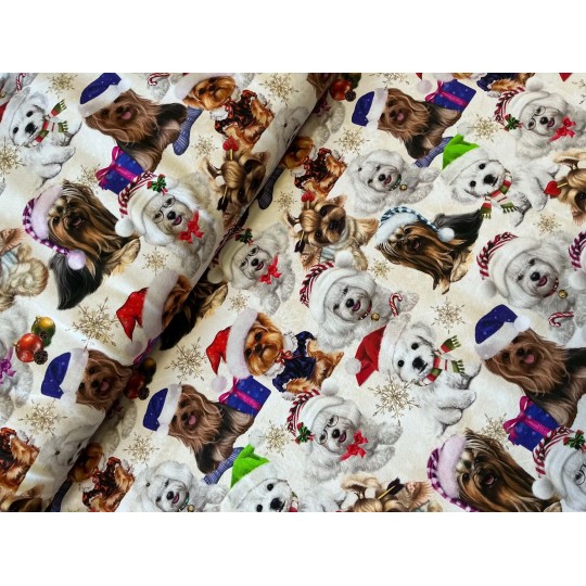 French Terry Sommersweat Weihnachtsstoff Yorkshire Terrier Malteser Hunde Creme Rot - 180 cm Überbreite – 240