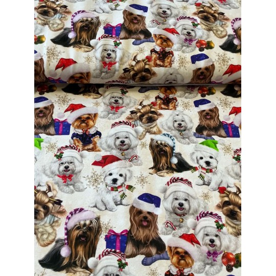 French Terry Sommersweat Weihnachtsstoff Yorkshire Terrier Malteser Hunde Creme Rot - 180 cm Überbreite – 240