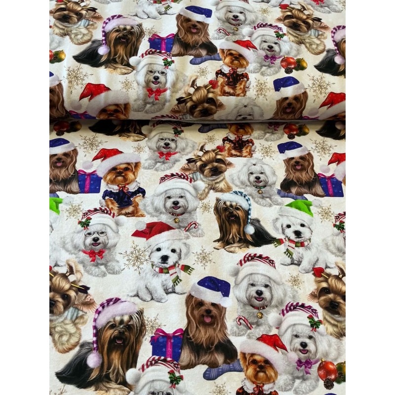 French Terry Sommersweat Weihnachtsstoff Yorkshire Terrier Malteser Hunde Creme Rot - 180 cm Überbreite – 240