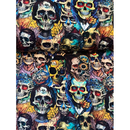 French Terry Sommersweat Totenkopf Stoff Skull Tattoo Gothic Bunt Schwar - 180 cm Überbreite – 240g/m²
