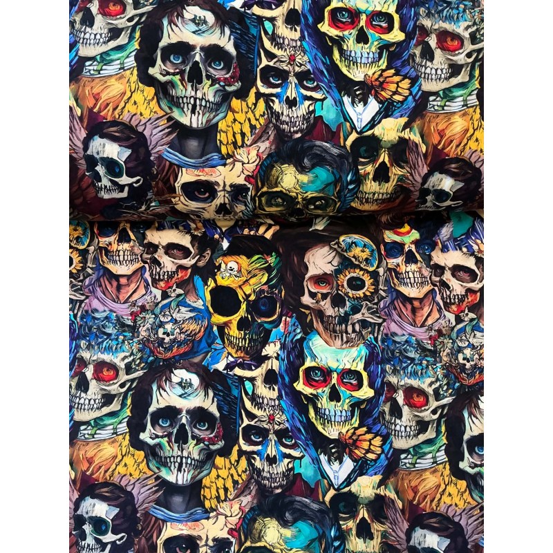 French Terry Sommersweat Totenkopf Stoff Skull Tattoo Gothic Bunt Schwar - 180 cm Überbreite – 240g/m²
