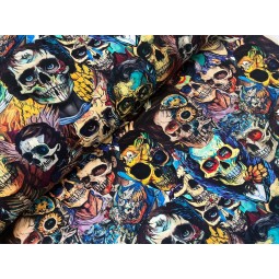 French Terry Sommersweat Totenkopf Stoff Skull Tattoo Gothic Bunt Schwar - 180 cm Überbreite – 240g/m²