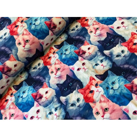 French Terry Sommersweat Katzenstoff Katzen Portraits Pop Art Blau Rosa Rot  - 180 cm Überbreite – 240g/m²