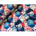 French Terry Sommersweat Katzenstoff Katzen Portraits Pop Art Blau Rosa Rot  - 180 cm Überbreite – 240g/m²