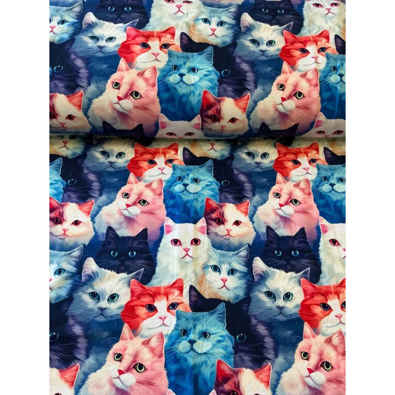 French Terry Sommersweat Katzenstoff Katzen Portraits Pop Art Blau Rosa Rot  - 180 cm Überbreite – 240g/m²