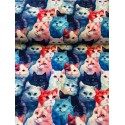 French Terry Sommersweat Katzenstoff Katzen Portraits Pop Art Blau Rosa Rot  - 180 cm Überbreite – 240g/m²