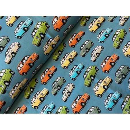 French Terry Sommersweat Retro Fiat Oldtimer Petrol Bunt - 180 cm Überbreite – 240g/m²